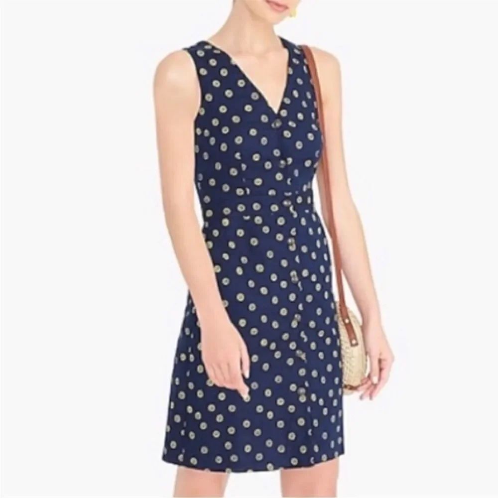 J. Crew Mini Dress Sz 12 Sleeveless Linen Navy Blue /Yellow Daisy Floral  Lined